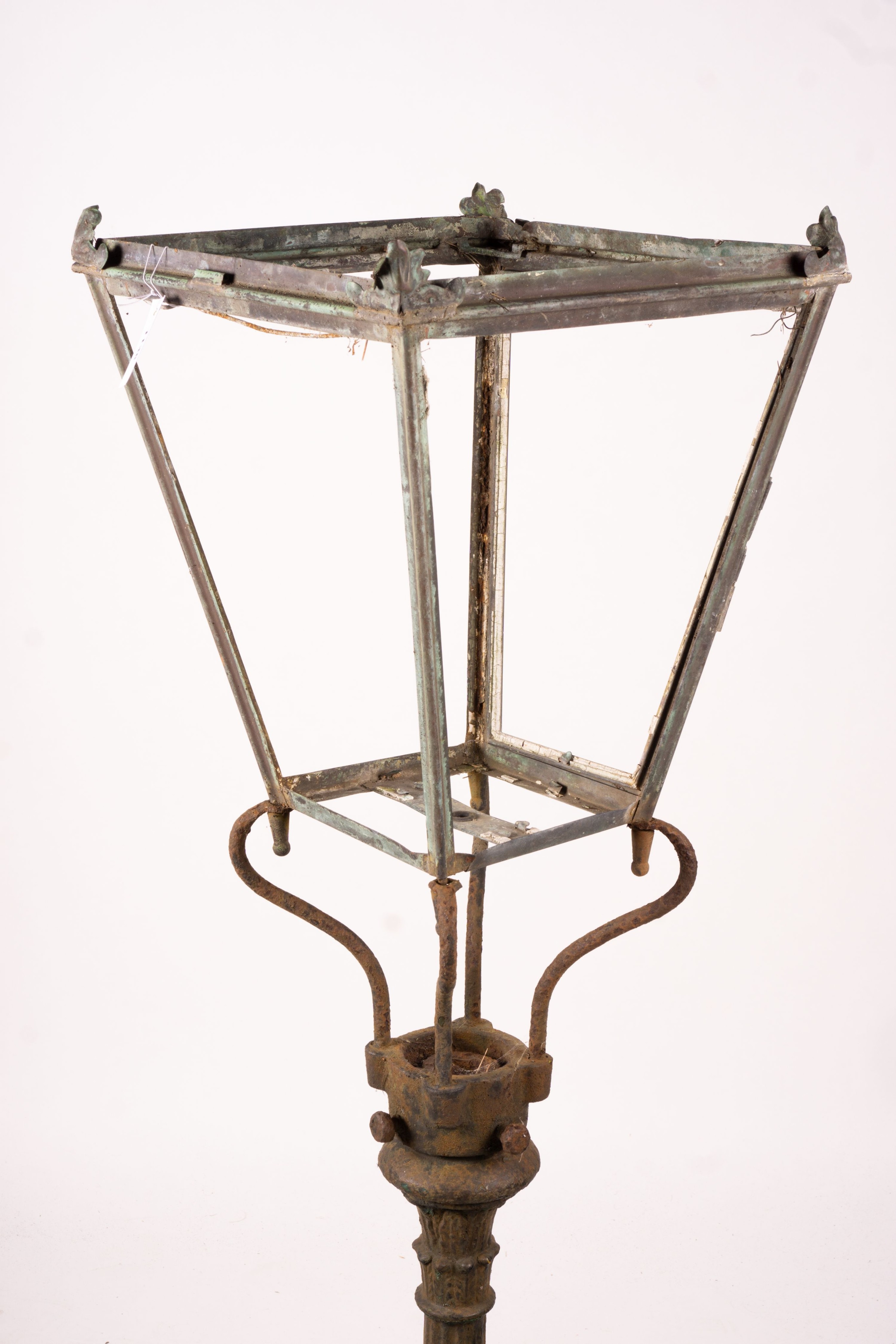 A Victorian style lantern on cast iron base, height 143cm together with a pair of lanterns and a pair of fire dogs